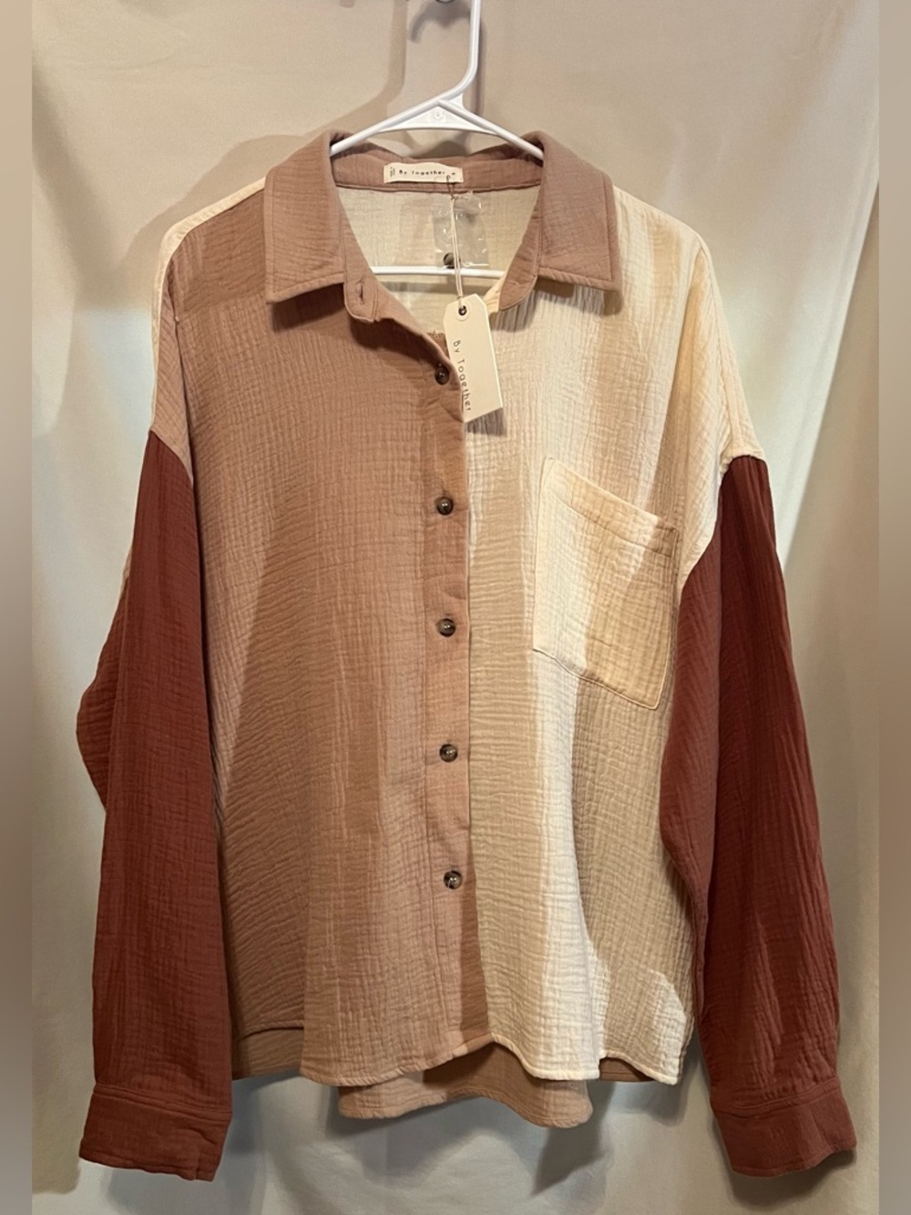 NWT By Together Colorblock Button-Down Shirt in Cream, Taupe & Rust
